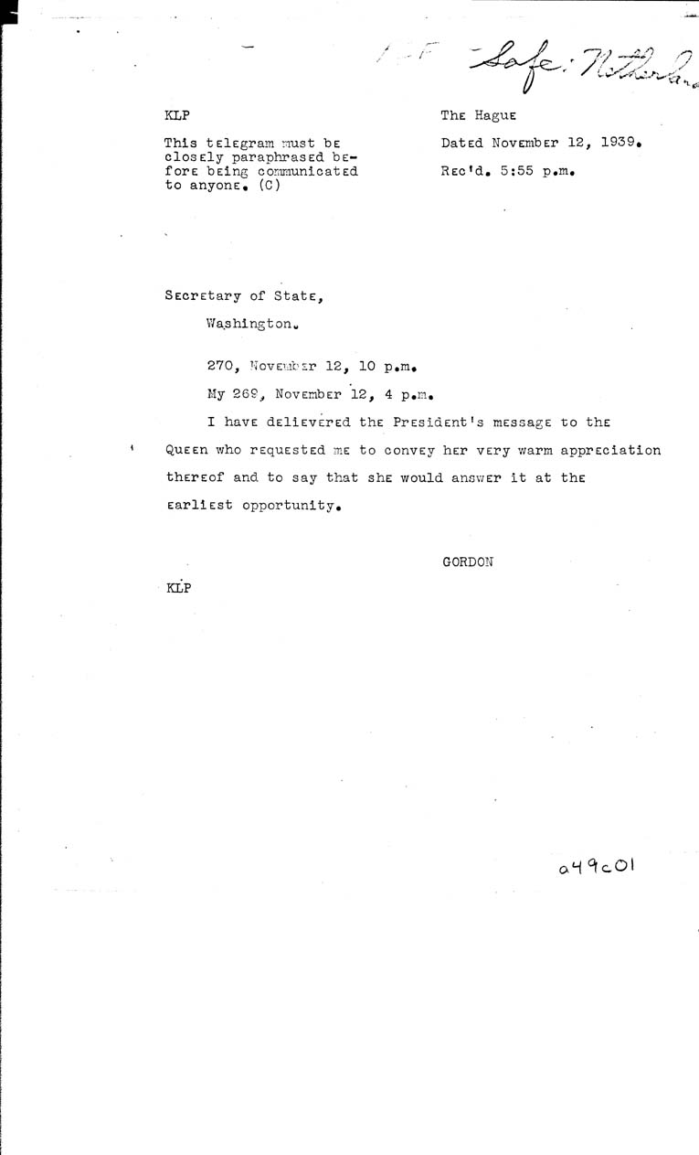 [a49c01.jpg] - Gordon-->Sec. of State-Nov 13, 1939