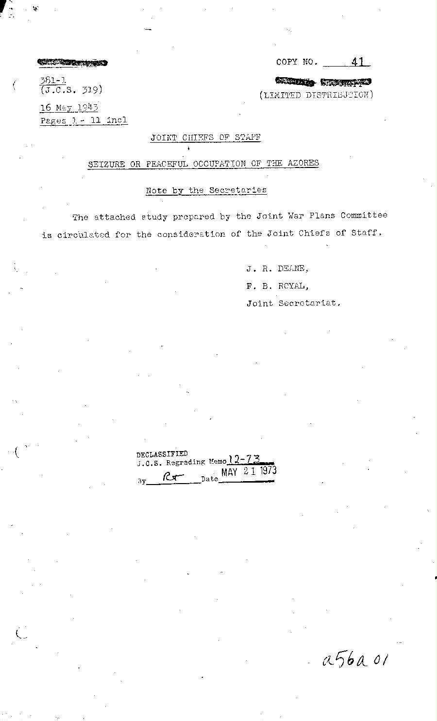 [a56a01.jpg] - Joint Chiefs of Staff Reprt; Seizure of Peaceful Occupation of the Azores-May 16, 1943