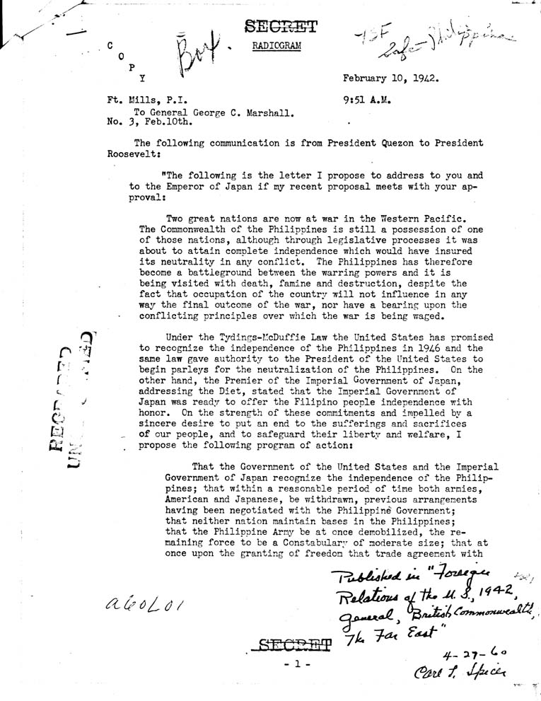 [a60l01.jpg] - President Quezon to FDR 2/10/42