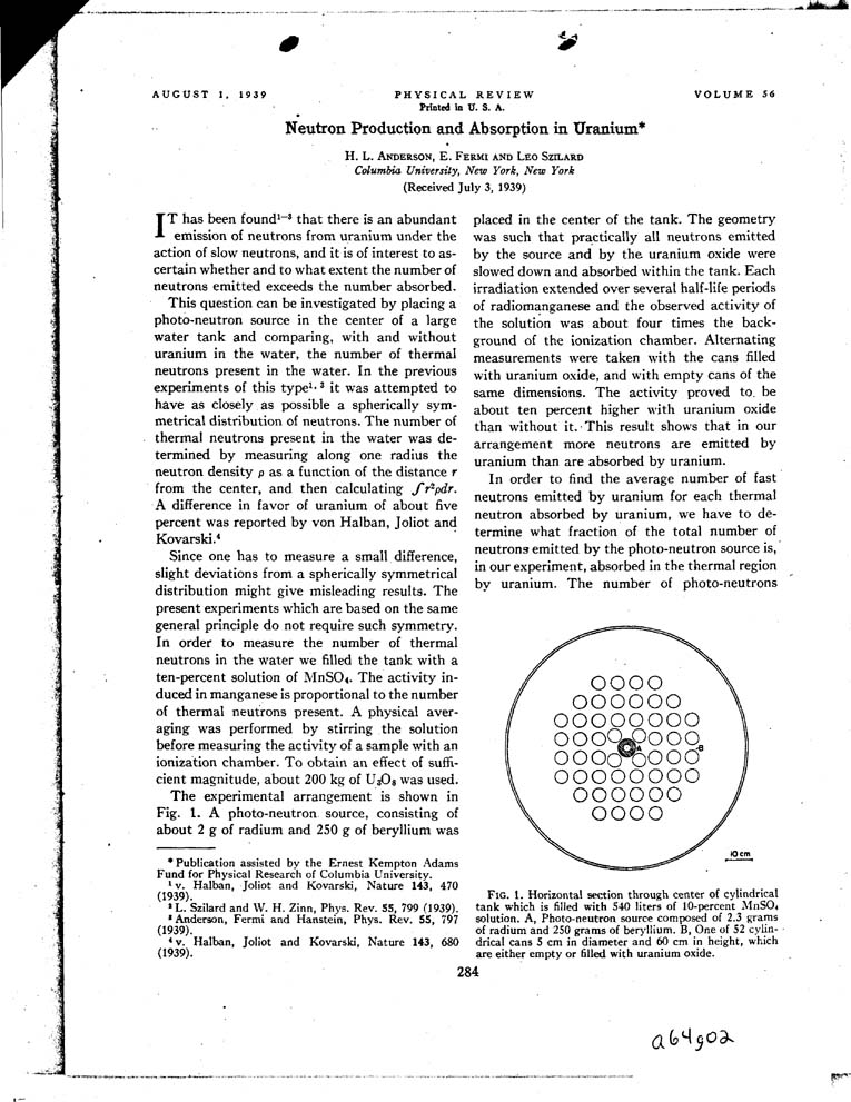 [a64g02.jpg] - Neutron Production and Absorption in Uranium- H.L. Anderson, E. Fermi, Leo Szillard - 8/1/39