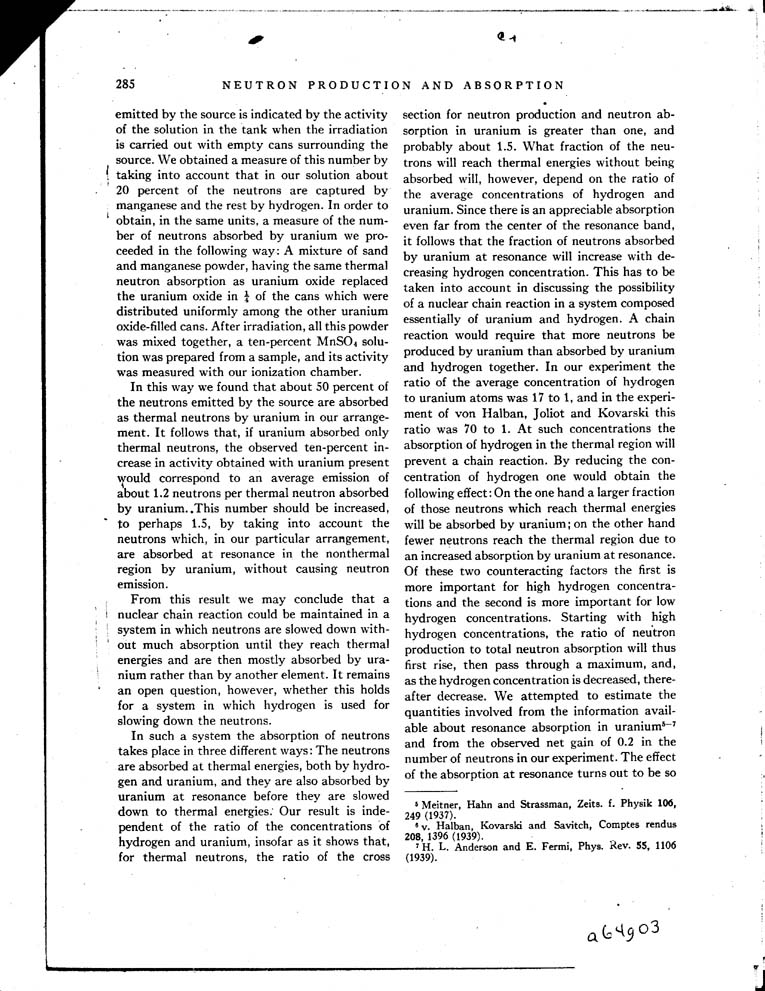 [a64g03.jpg] - Neutron Production and Absorption in Uranium- H.L. Anderson, E. Fermi, Leo Szillard - 8/1/39
