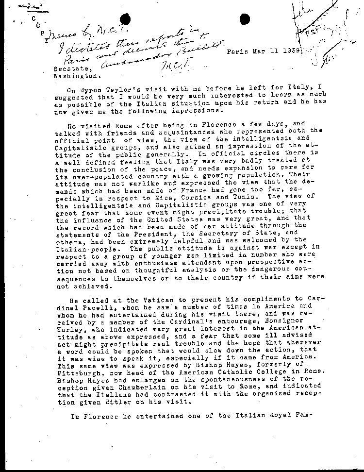 [a464a01.jpg] - memo from M. Taylor of trip to Rome 3/11/39