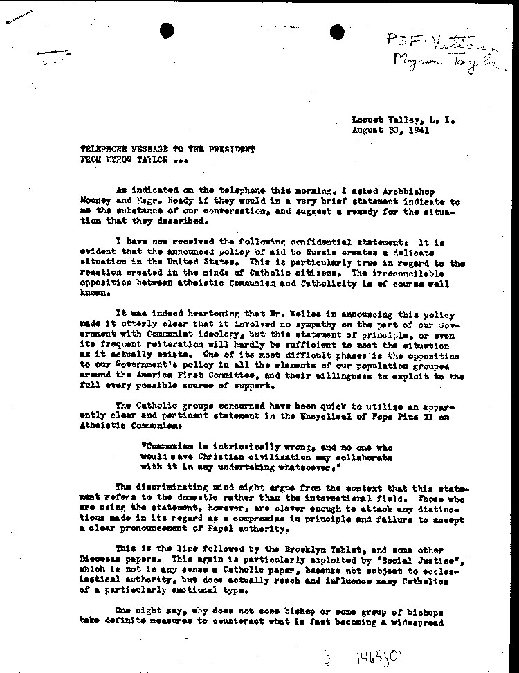 [a465j01.jpg] - Telephone Message from Taylor to FDR 8/30/41