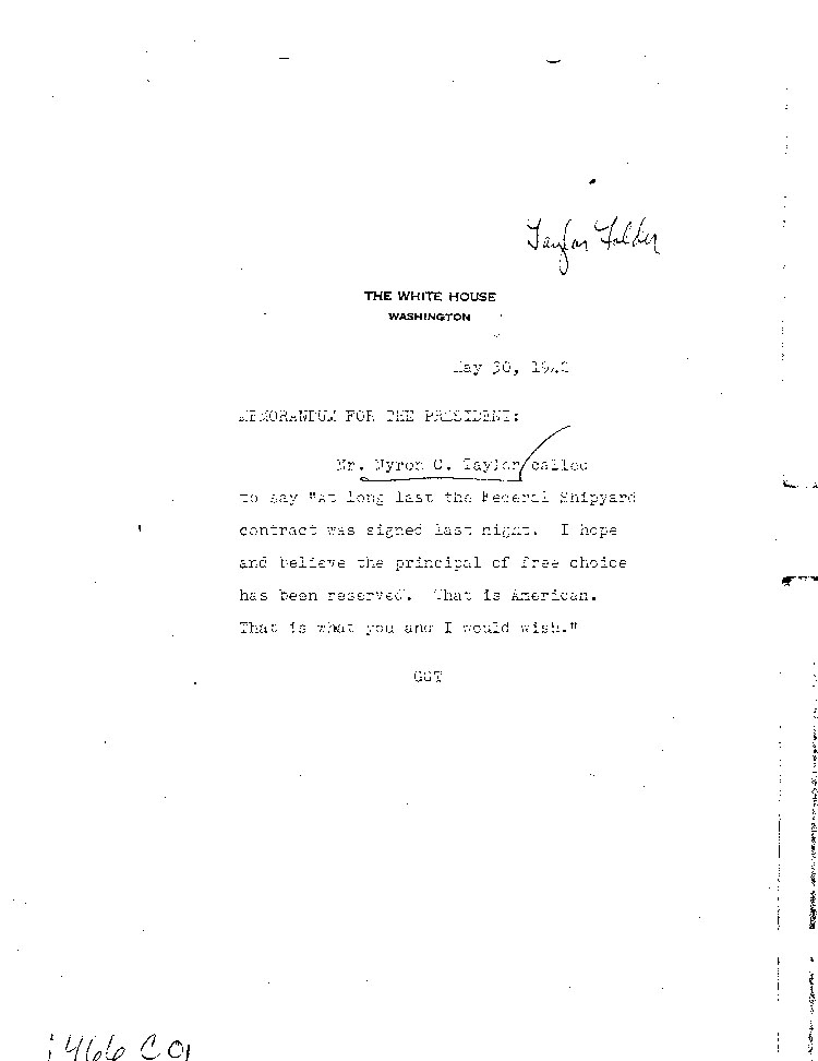 [a466c01.jpg] - memo of phone call from M.Taylor for F.D.R. by GT 5/30/42