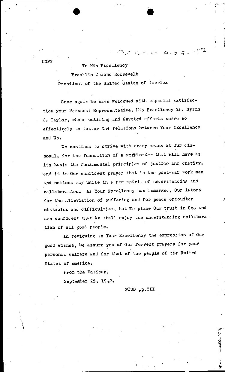 [a466j03.jpg] - Copy of Pope's letter to F.D.R. 9/25/42