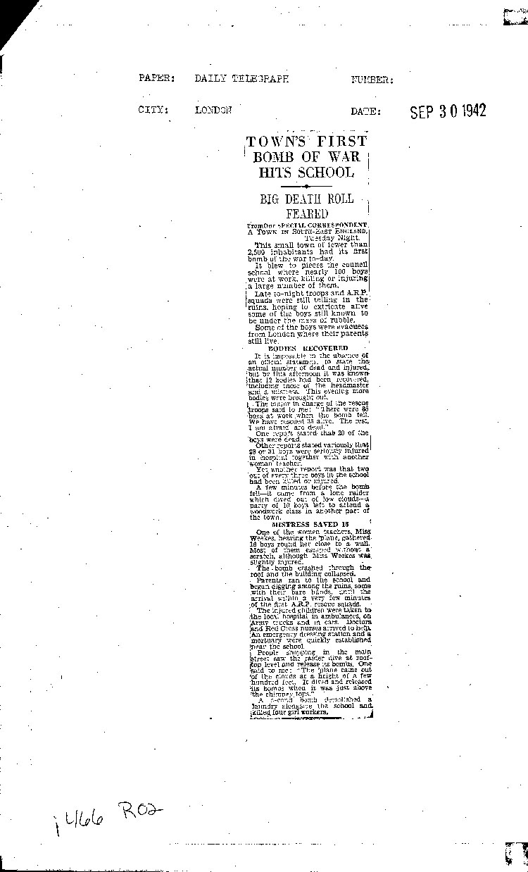 [a466r02.jpg] - newspaper articles of German bombing of UK school 9/30/42