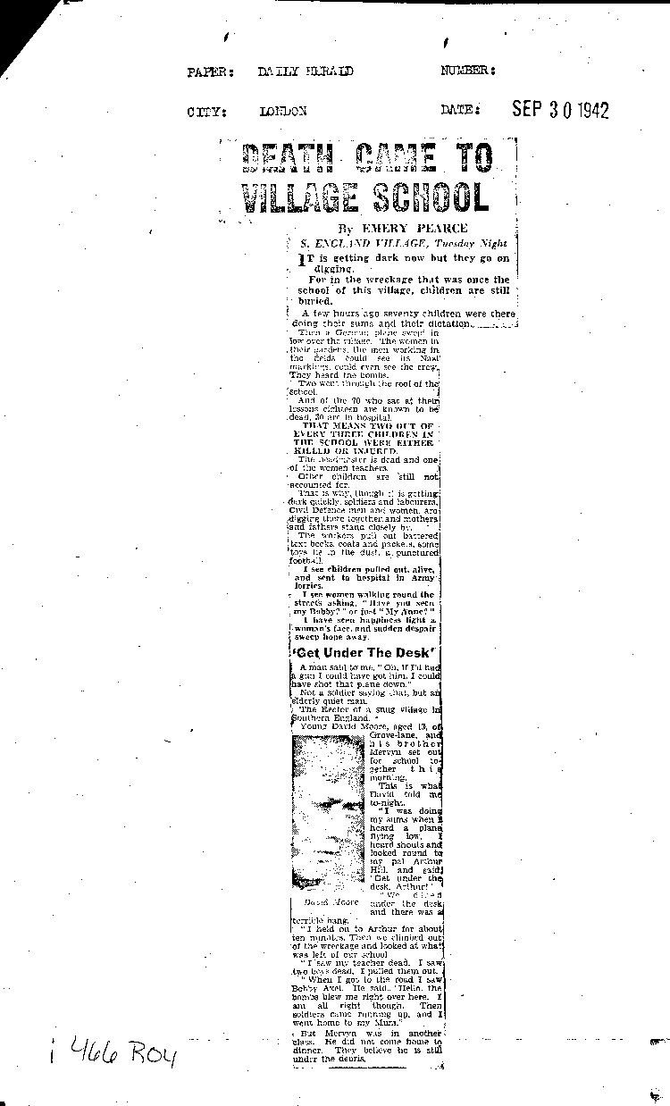 [a466r04.jpg] - newspaper articles of German bombing of UK school 9/30/42