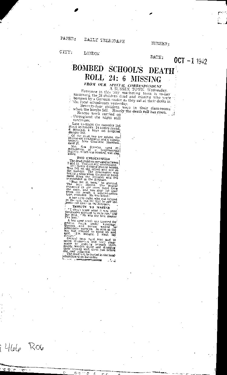 [a466r06.jpg] - newspaper articles of German bombing of UK school 9/30/42