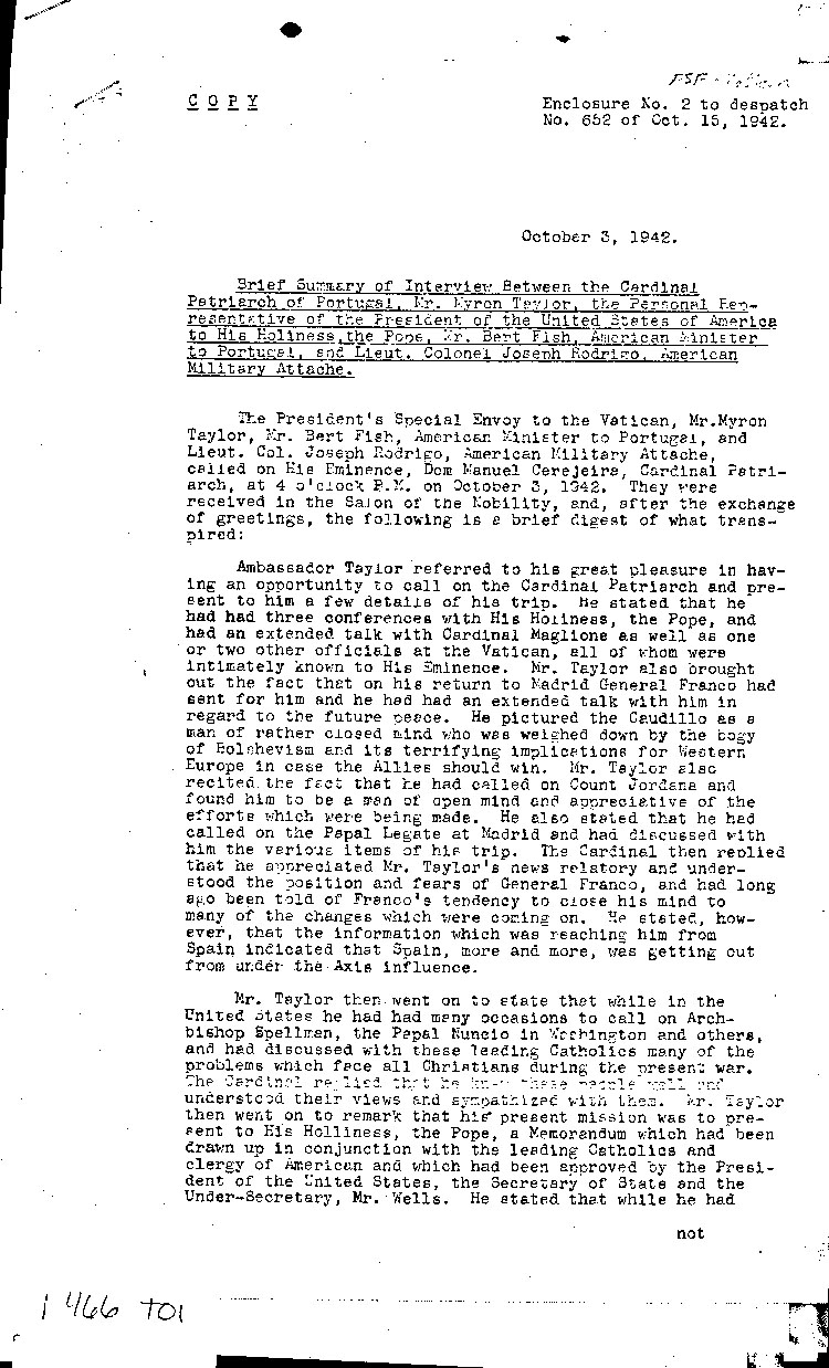 [a466t01.jpg] - summary of interview with Portug. Rep, Pope, & M.Taylor 10/3/42