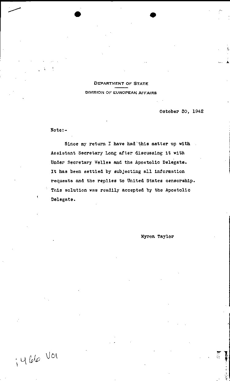 [a466v01.jpg] - depart. of State note from M.Taylor 10/30/42