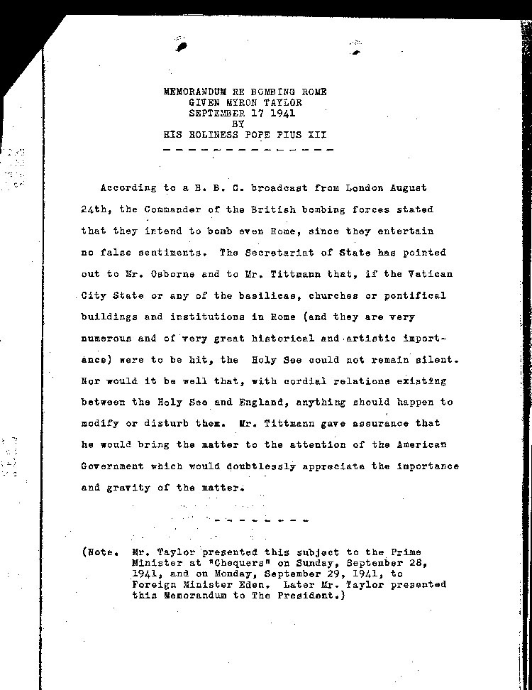 [a466y07.jpg] - memo of Pope re Bombing Rome 9/17/41 given M.Taylor