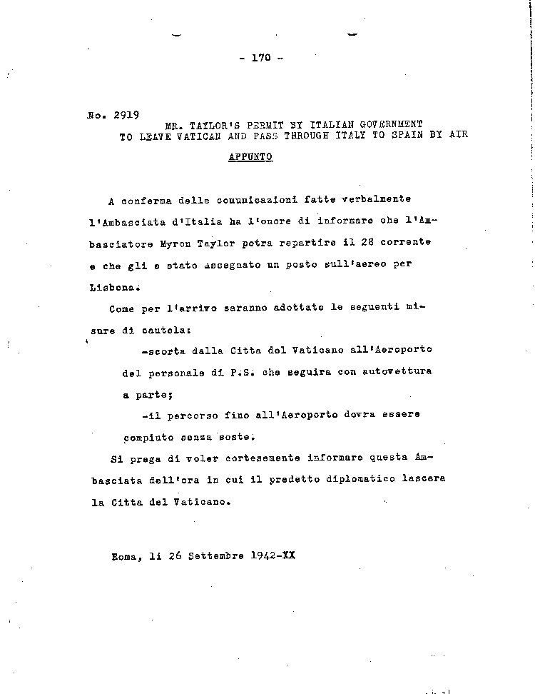 [a467bo01.jpg] - Mr. Taylor's Permit by Italian Gov't to Leave Vatican and Pass Through Italy to Spain by Air 9/26/42