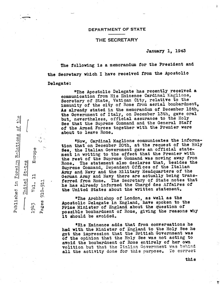 [a468a03.jpg] - Memorandum: Myron Taylor-->FDR and Secretary of State 1/1/43