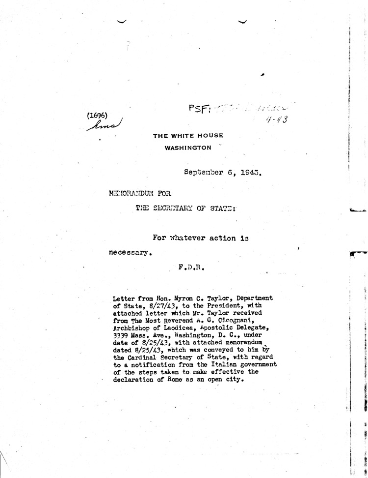 [a468ab01.jpg] - Memorandum: FDR --> Secretary of State 9/6/43