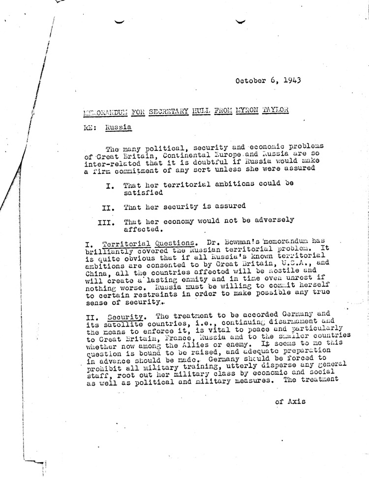 [a468ae06.jpg] - Memorandum for Secretary Hull from Myron Taylor 10/6/43