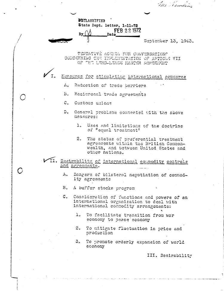 [a468ae14.jpg] - Tentative Agenda for Conversations Concerning the Implementation of Article VII of the Lend-Lease Master Agreement  9/13/43
