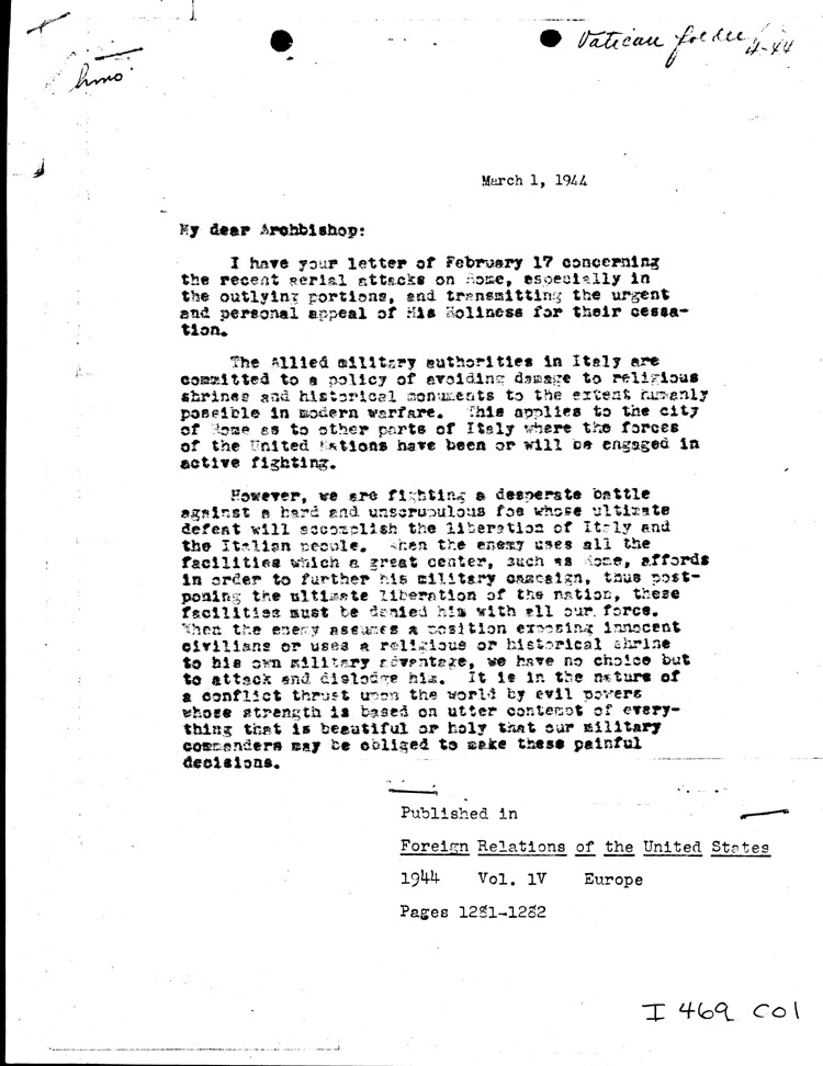 [a469c01.jpg] - Memo: FDR --> Archbishop Cicognani 3/01/44