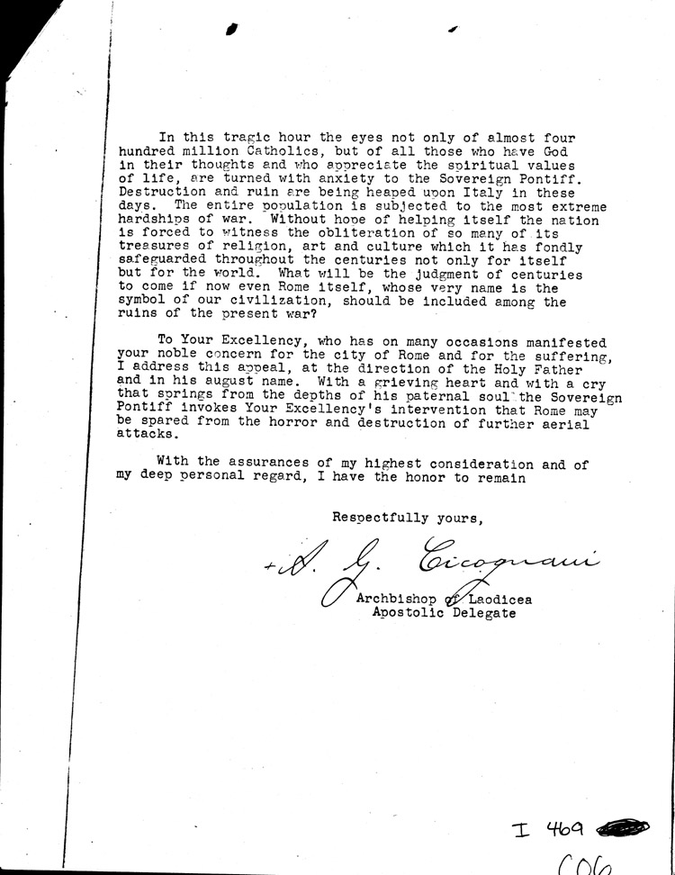 [a469c06.jpg] - Memo: FDR --> Archbishop Cicognani 3/01/44