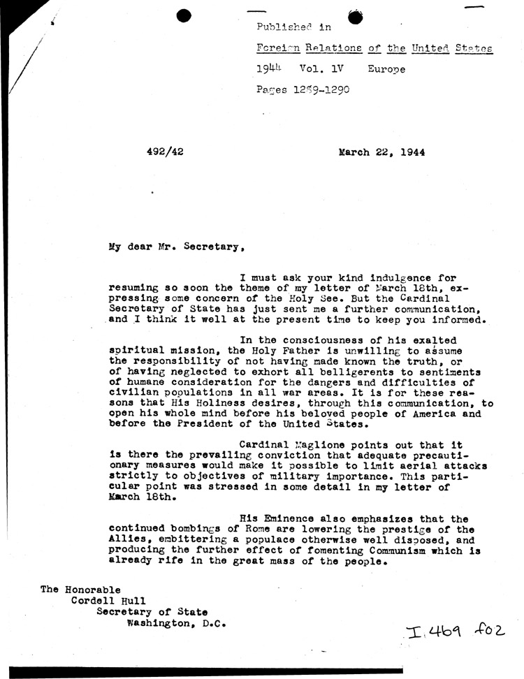 [a469f02.jpg] - Letter: Archbishop Cicognani -->Cordell Hull 3/22/44