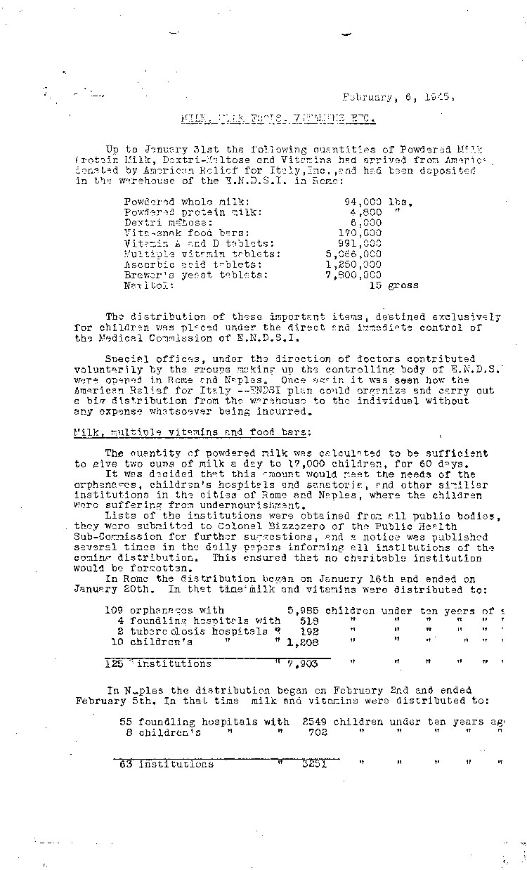 [a473b16.jpg] - report on distribution of milk and vitamins in Italy 2/6/45