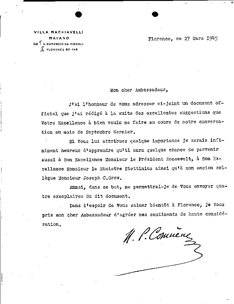 [a474n02.jpg] - Letter by N.P. Comnene, former Fore. Minister of Rumania (in French) 3/27/45