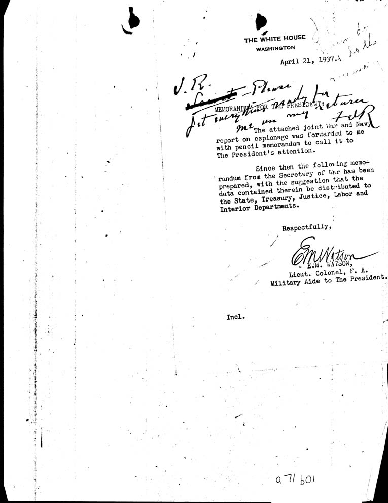 [a71b01.jpg] - Memo for FDR from Watson 4/21/37