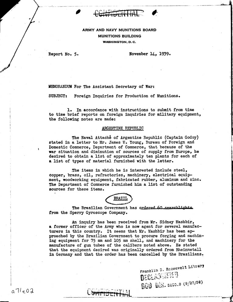 [a71e02.jpg] - Memo to assistant Secretary of War from Hines 11/14/39