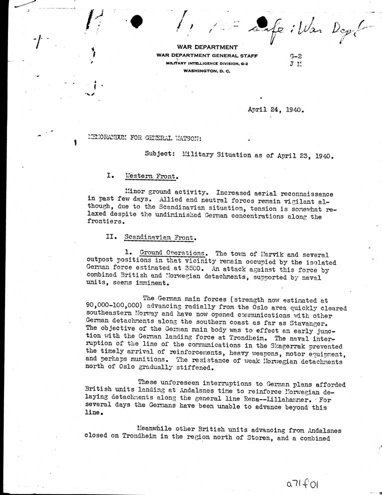 [a71f01.jpg] - Memo to Watson from Magruder 4/24/40