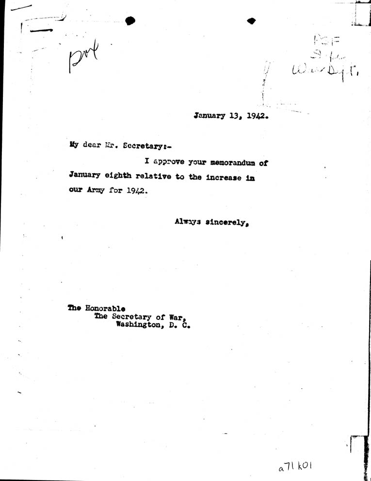[a71k01.jpg] - To Secreatry of War from FDR 1/13/42