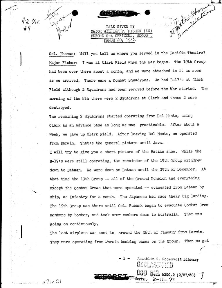 [a71r01.jpg] - Talk Given By Major william P. Fisher (AC) before G-4 Officiers, wdgds. 3/20/42