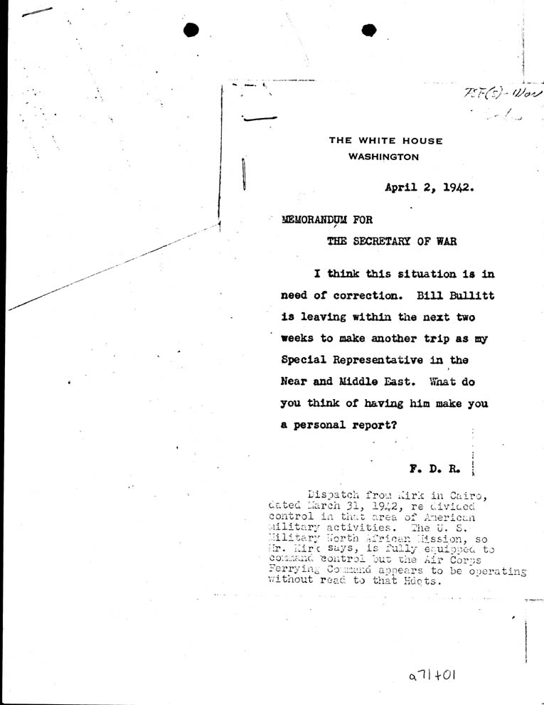 [a71t01.jpg] - To Secreatery of War from FDR 4/2/42