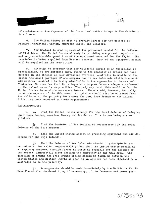 [a05ss03.jpg] - United States-British Chiefs of Staff, Defense of Island Bases Between Hawaii and Australia, January 13, 1942