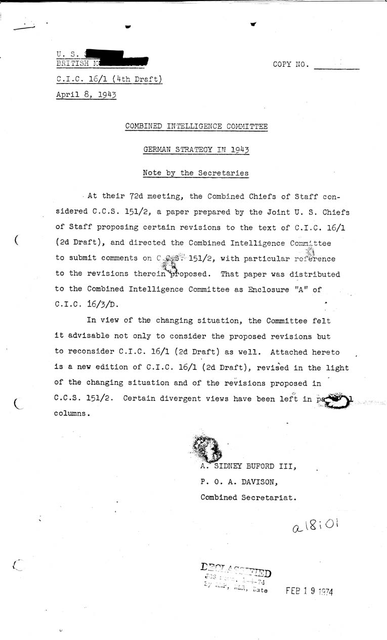 [a18i01.jpg] - Combined Intelligence Committee, German Strategy in 1943. April 8, 1943 (C.I.C 16/1)