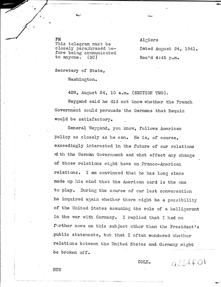 [a23ff01.jpg] - Cole-->Secretary of State-8/24/41-4:43 p.m.