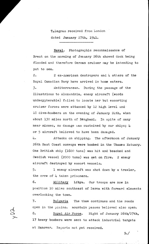 [a316y02.jpg] - Telegram from London regarding military situation 1/27/41