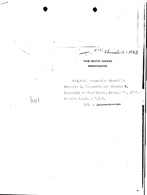 [a334b01.jpg] - Memo Cover re. Churchill,FDR enclosure 1/25/43
