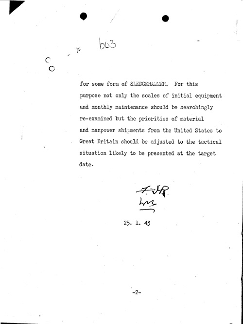 [a334b03.jpg] - Memo Cover re. Churchill,FDR enclosure 1/25/43