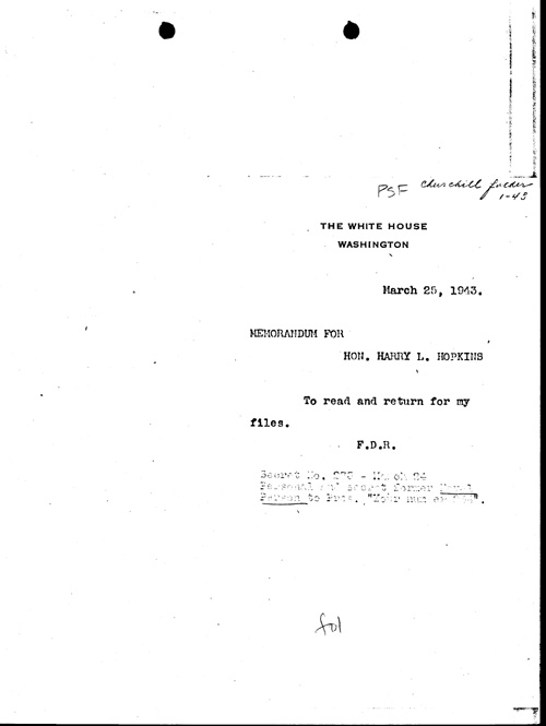 [a334f01.jpg] - Memo Cover; FDR-->Hopkins 3/25/43