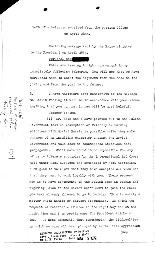 [a334i04.jpg] - Text of telegram recieved from Foreign Office 4/28/43
