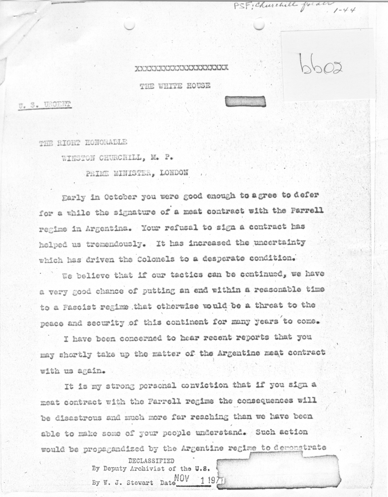 [a335bb02.jpg] - FDR --> Winston Churchill re: fascist regime in Argentina 11/17/44