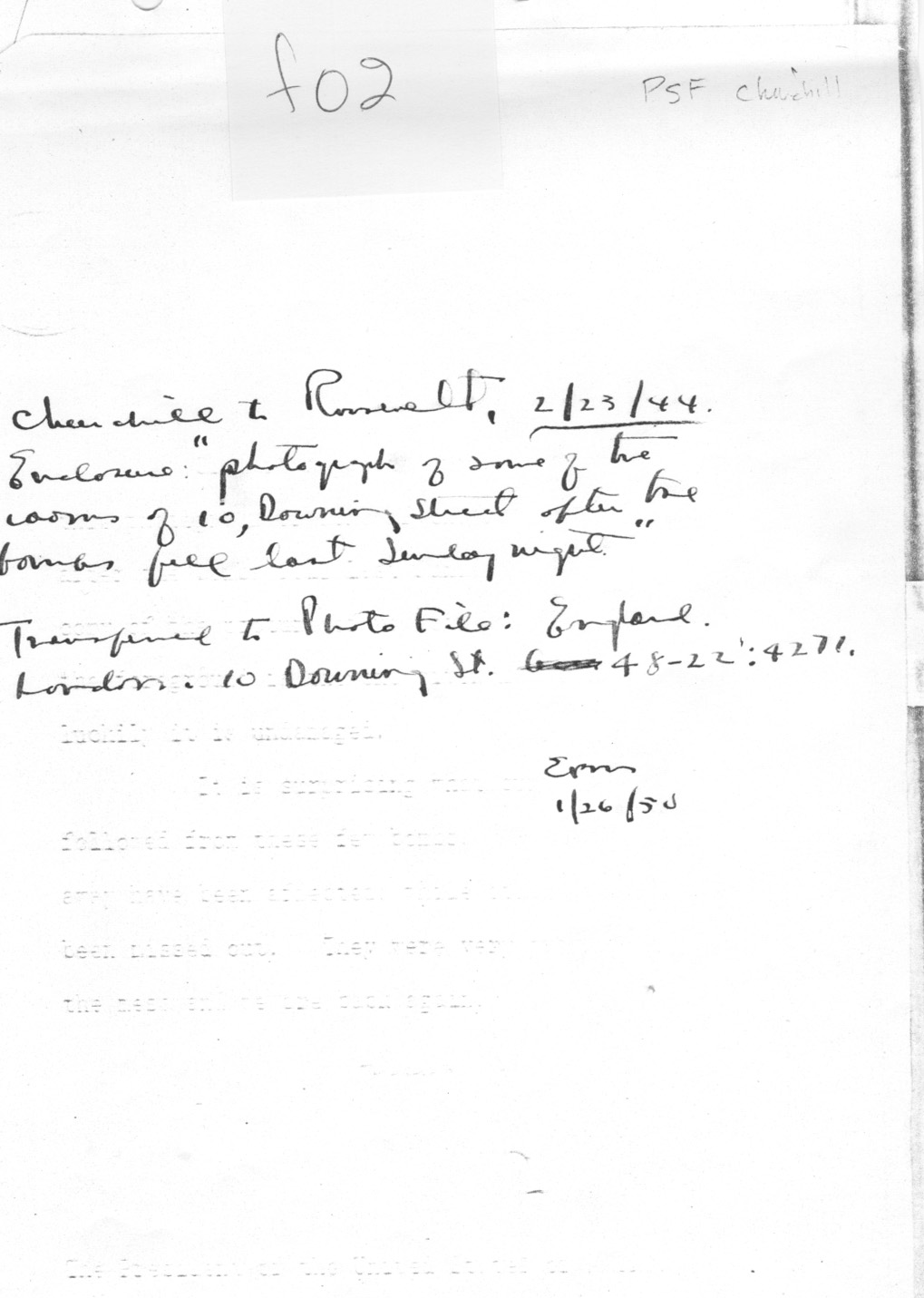 [a335f02.jpg] - Note re: photograph of 10 Downing St. 2/23/44