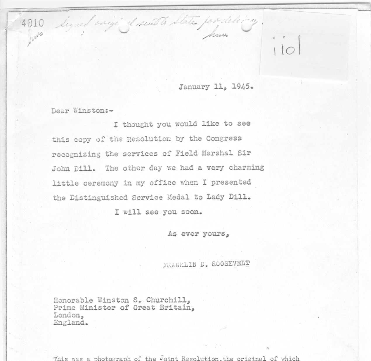 [a335ii01.jpg] - FDR --> Winston Churchill re: ceremony presenting Distinguished Medal to Lady Dill 1/11/45