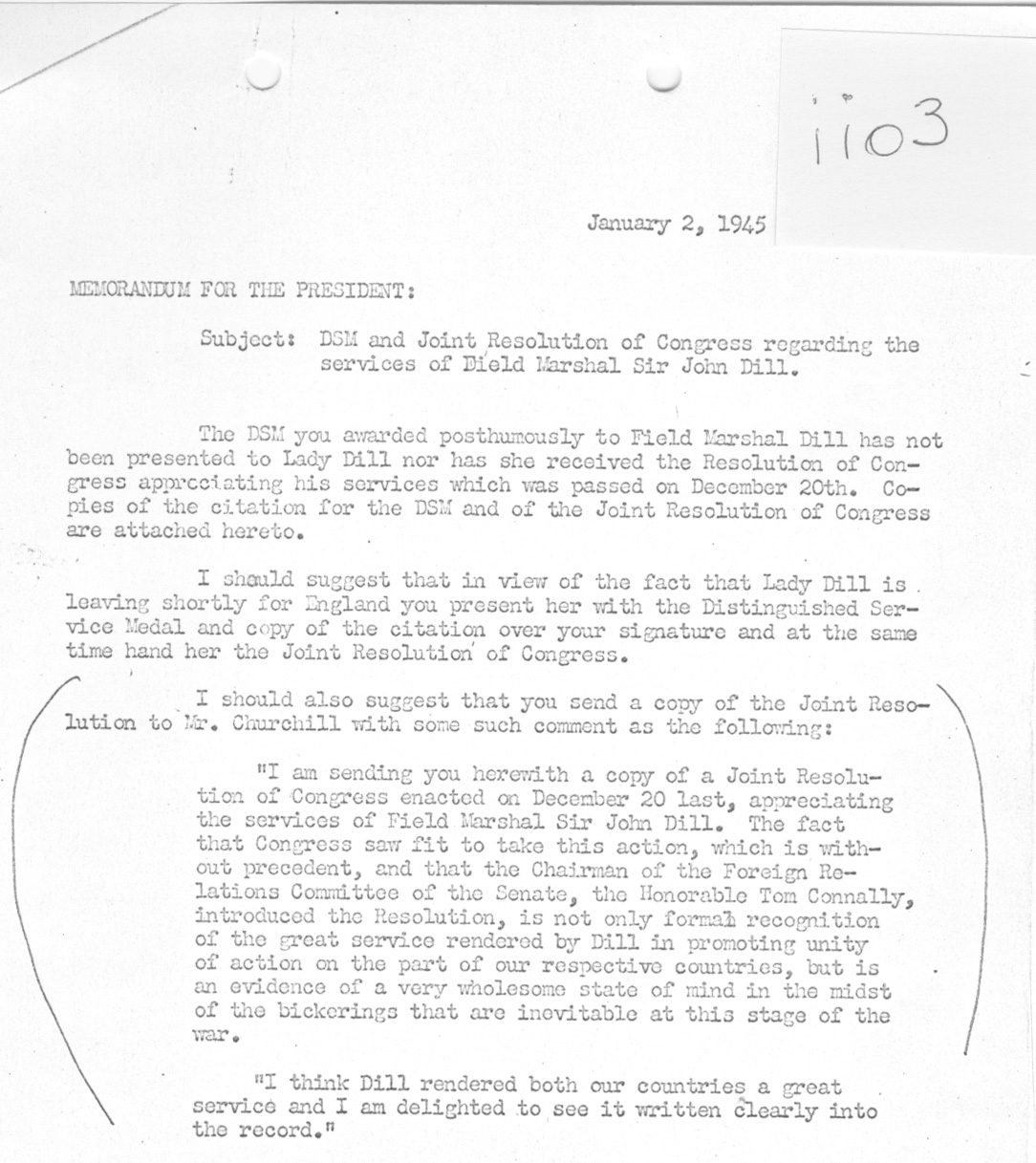 [a335ii03.jpg] - Memorandum G.C. Marshall,Chief of Staff --> FDR re: Joint Resolution-Dill 1/2/45