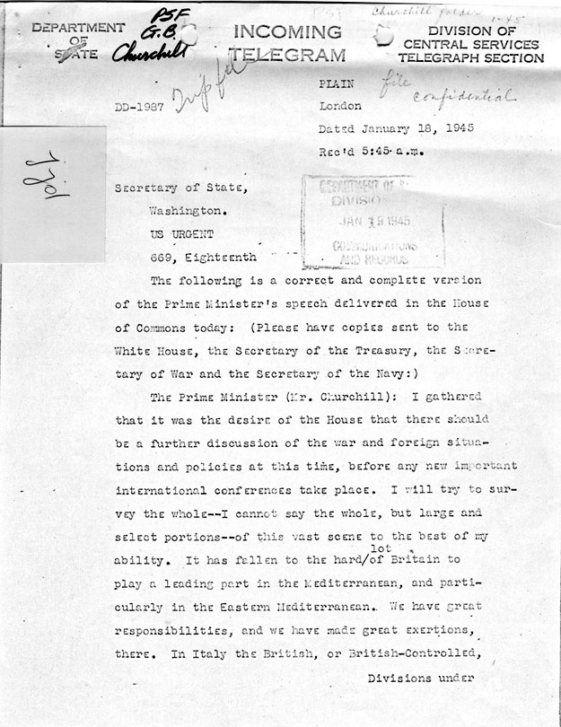 [a335jj01.jpg] - Telegram from London --> Secretary of State- Copy of speech delivered in House of Commons by Churchill on 1/18/45