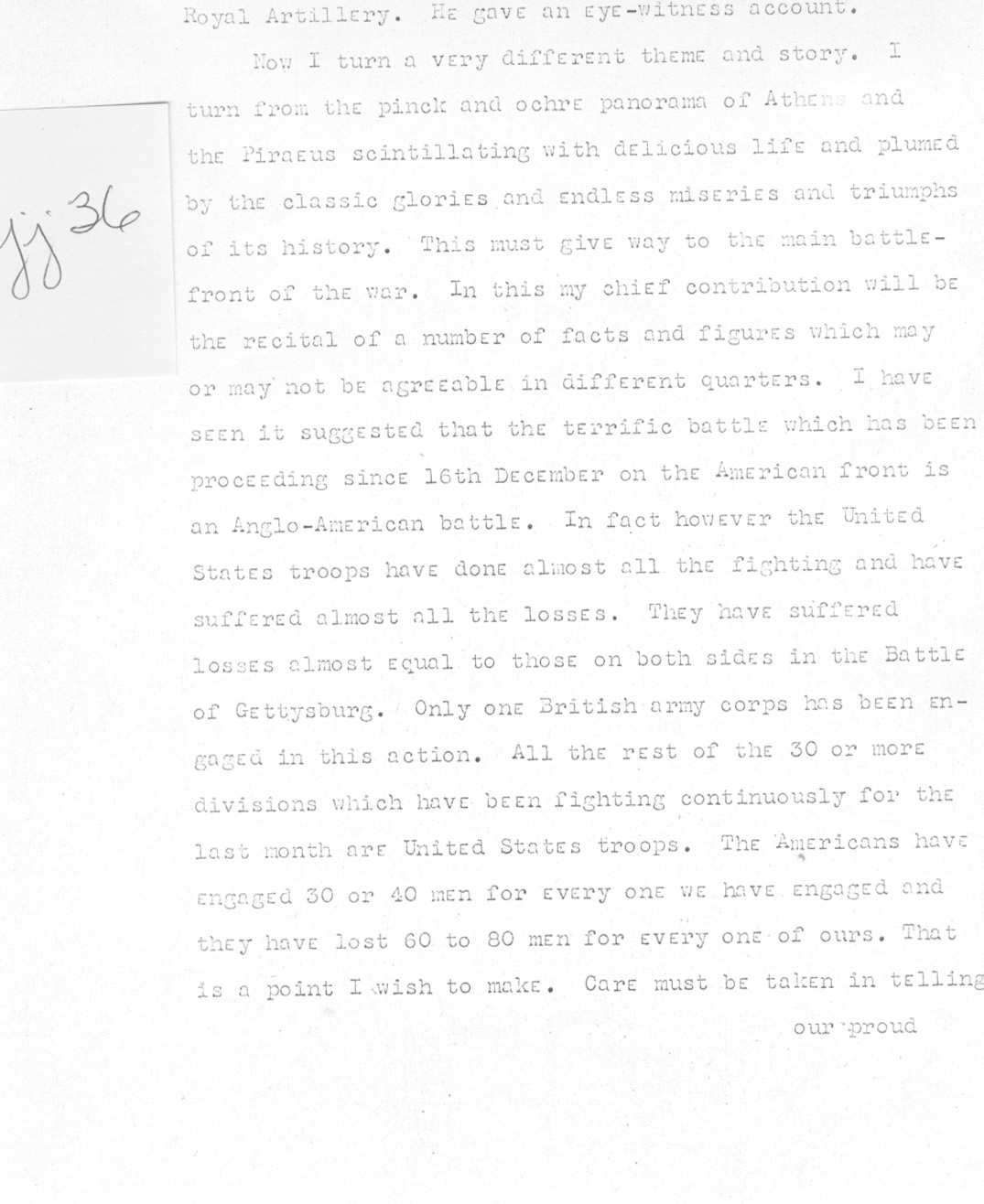 [a335jj36.jpg] - Telegram from London --> Secretary of State- Copy of speech delivered in House of Commons by Churchill on 1/18/45