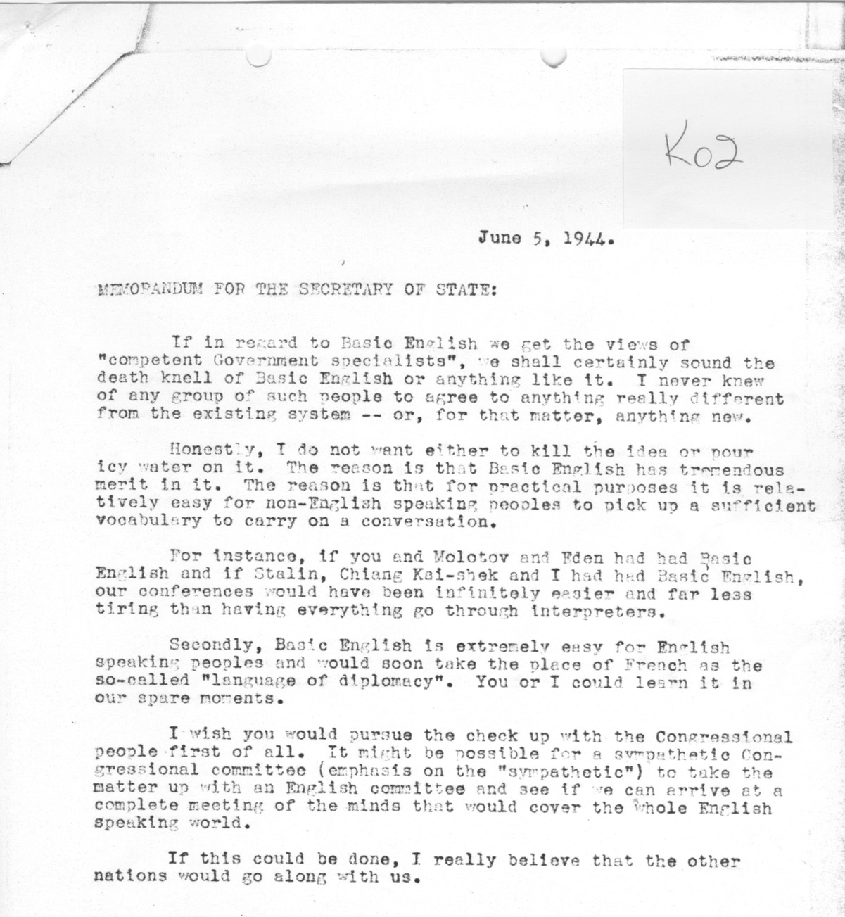 [a335k02.jpg] - Memorandum FDR --> Secretary of State 6/5/44