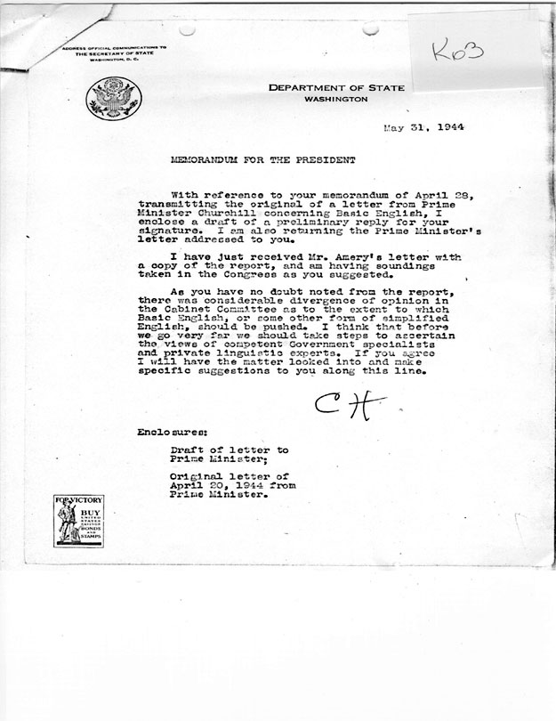 [a335k03.jpg] - Memorandum Cordell Hull --> FDR re: Basic English 5/31/44