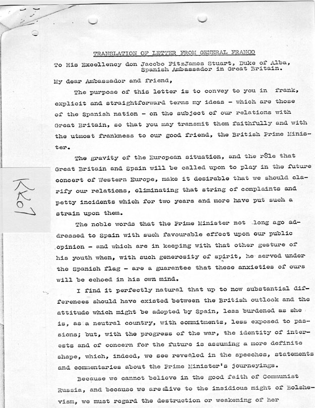 [a335kk07.jpg] - Translation of letter from General Franco to don Jacobo, Fitz James Stuart, Duke of Alba, Spanish Ambassador in Great Britain 10/18/44