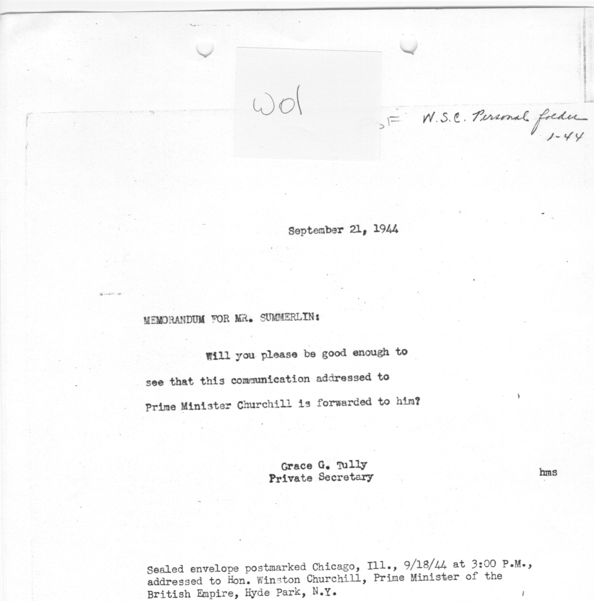 [a335w01.jpg] - Memo. Grace Tully -->Mr. Summerlin 9/21/44