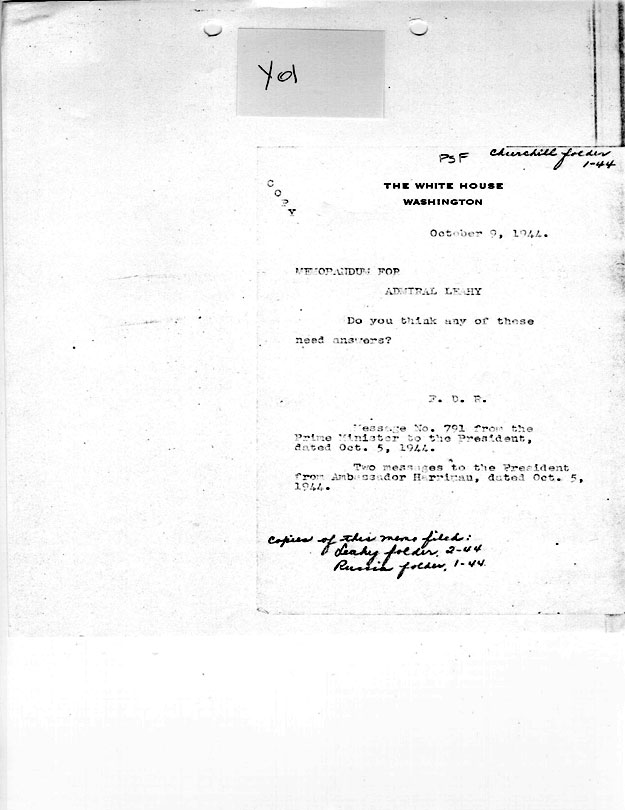 [a335y01.jpg] - Memo. FDR --> Admiral Leahy 10/9/44